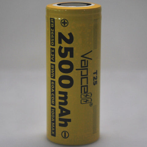 Vapcell T25 LiFePO4 IFR26650 60A/100A Flat Top 2500mAh Battery