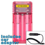Nitecore Q2 2-bay Digital Lithium Ion Battery Charger w/ Car Adapter - Pink