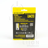 Nitecore UM20 lithium ion battery charger box rear view