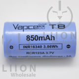 Vapcell T8 16340 3A Button Top 850mAh Battery - Side